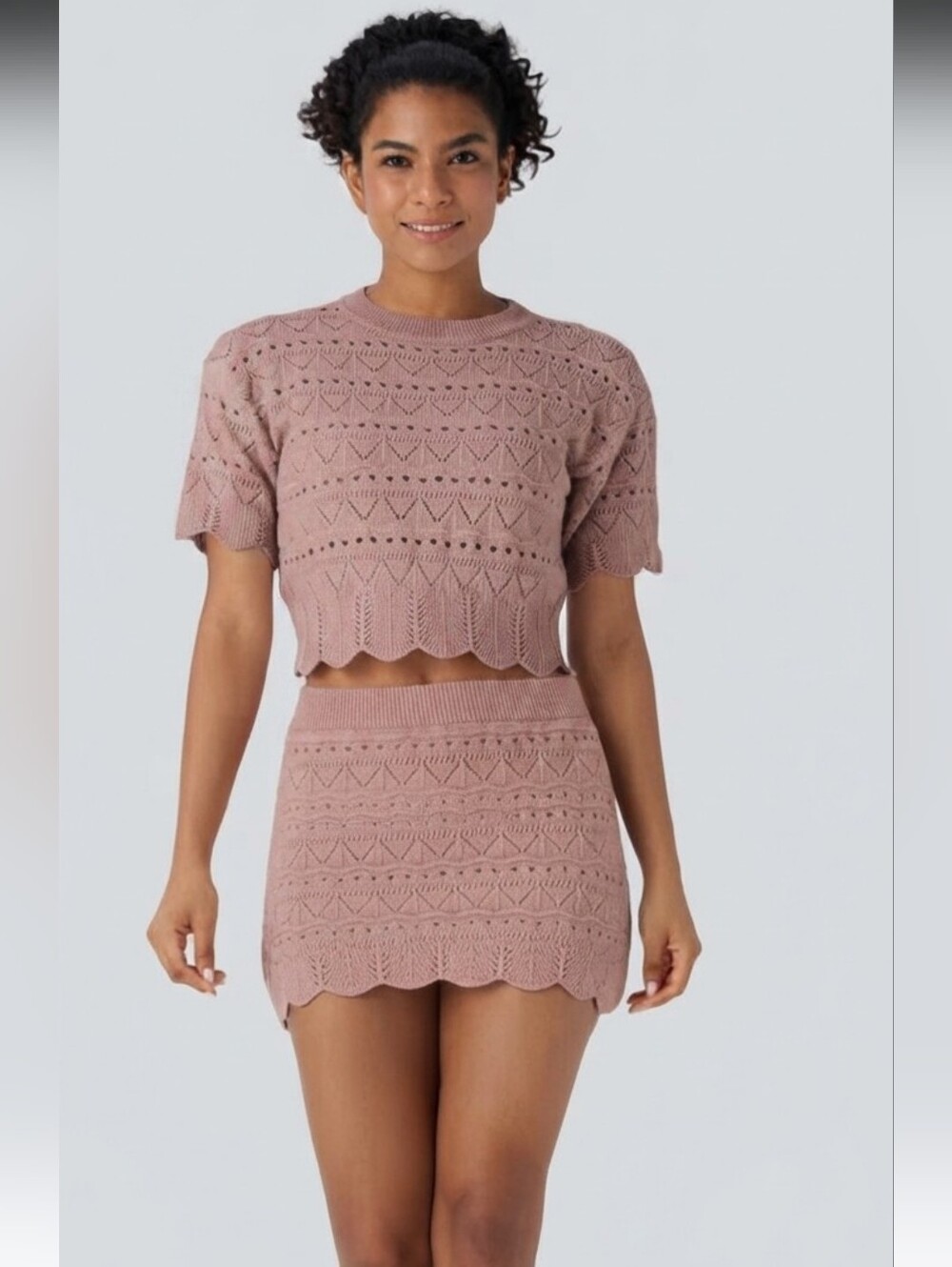 HALARA Dusty Rose Crochet Knit Scallop Hem Mini Skirt Set